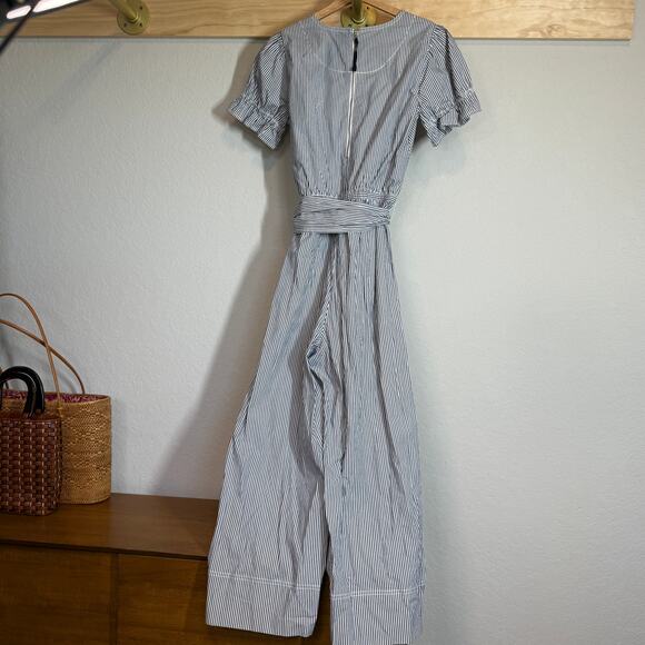 J. Crew Women's Blue Pinstripe Short Sleeve Tie Waist Jumpsuit Size 0 NEW - Picture 7 of 8